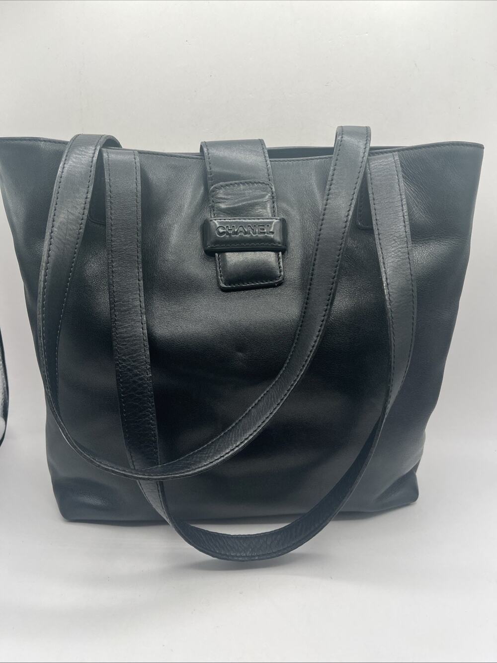 Late 1990s Vintage Chanel Smooth Black Leather Tote Bag Double Shoulder Handles